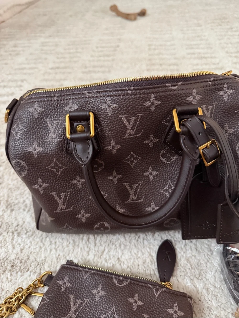 Dark Brown Speedy P9 soft Monogram Satchel with Matching Pouch